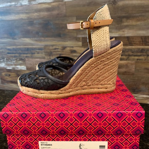 Tory Burch Lucia Lace Wedge Espadrille, Tory Navy - Picture 2 of 5